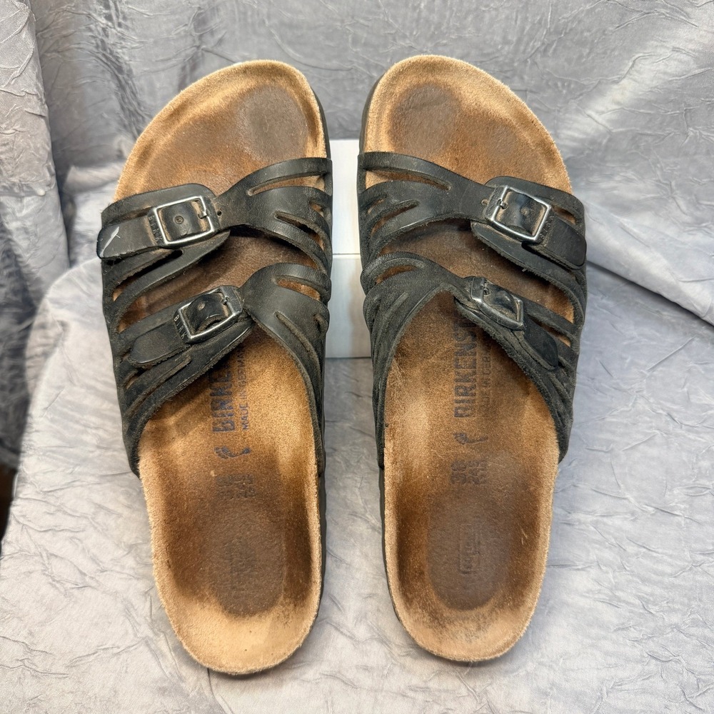 Birkenstock Granby Black Nubuck Leather Multi Strap Slide Sandals EU 38 US 7-7.5